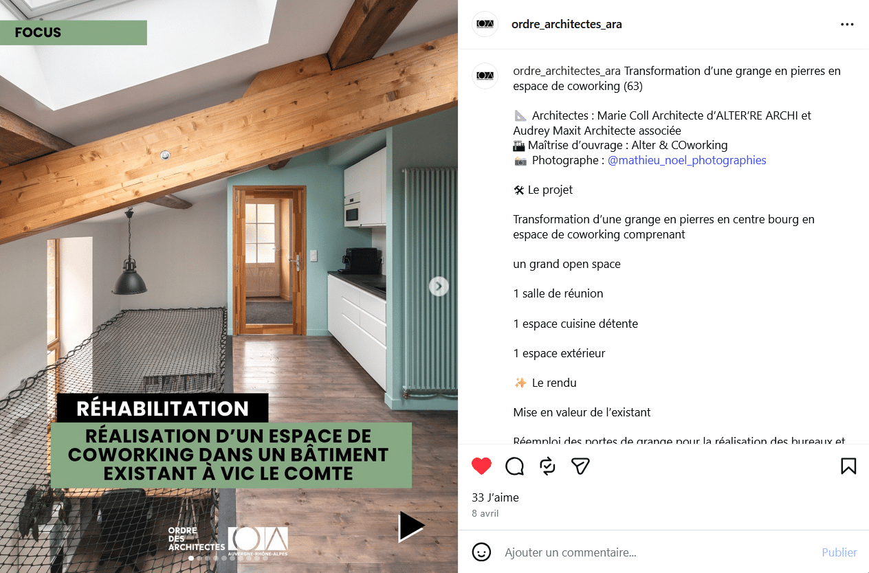 L’ordre des architectes parle de notre projet de réalisation d’un coworking dans une ancienne grange à Vic le Comte